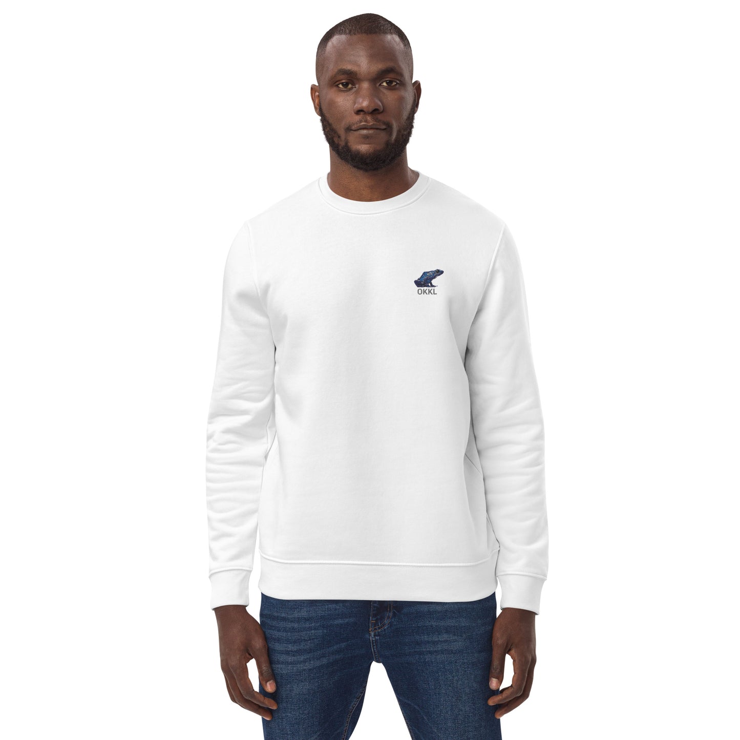 Blue Poison Dart Frog: White Unisex Eco Sweatshirt