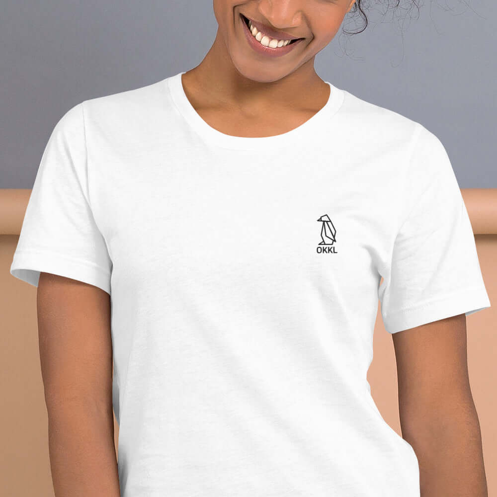 OKKL Penguin: White Unisex t-shirt
